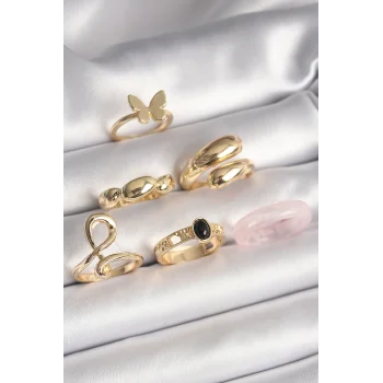 Pirinç Gold Renk Kelebek Figür Sarmal Model 6Lı Kadın Yüzük Seti