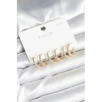 Pirinç Gold Renk Kemik Halka Model 925 Ayar Gümüş Çivili Kadın Küpe Seti