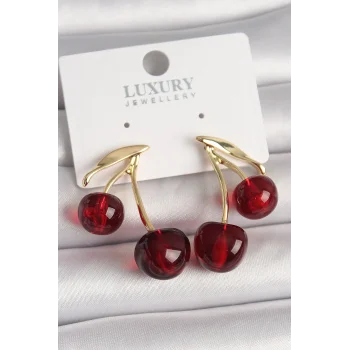 Pirinç Gold Renk Kırmızı Kiraz Model Kadın Küpe