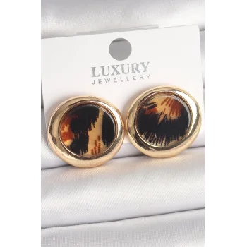 Pirinç Gold Renk Leopar Desen Daire Model Kadın Küpe