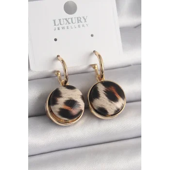 Pirinç Gold Renk Leopar Desenli Daire Model Kadın Küpe