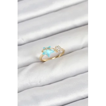 Pirinç Gold Renk Mavi Yıldızlı Model Kadın Yüzük