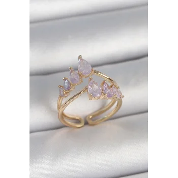 Pirinç Gold Renk Mor Damla Zirkon Taşlı Taç Model Kadın Yüzük