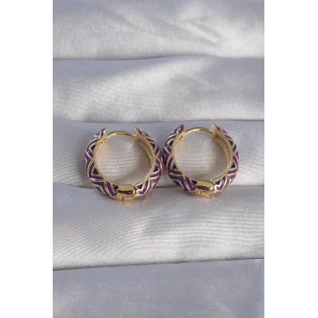 Pirinç Gold Renk Mor Etnik Desenli Halka Küpe
