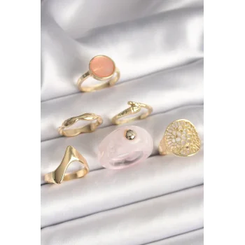 Pirinç Gold Renk Pembe Plastik Yüzük Model Daire Pembe Mine Yılan Detay 6Lı Kadın Yüzük Seti
