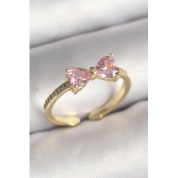 Pirinç Gold Renk Pembe Zirkon Taşlı Kalp Fiyonk Model Kadın Yüzük