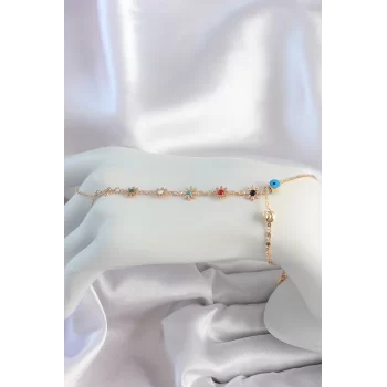 Pirinç Gold Renk Renkli Taşlı Çiçek Model Nazar Boncuk Detay Şahmeran