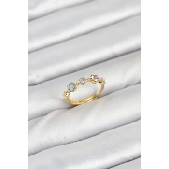 Pirinç Gold Renk Renkli Zirkon Taşlı Kadın Yüzük