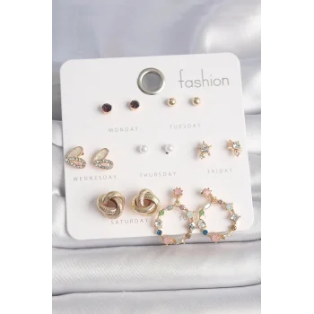 Pirinç Gold Renk Renkli Zirkon Taşlı Kalp Detay 7 Çift Kadın Küpe Seti