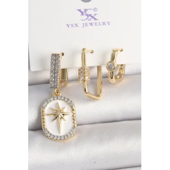 Pirinç Gold Renk Sallantı Zirkon Taş İşlmeli Yıldız Portre Model 3Lü Kadın Kombin Küpe