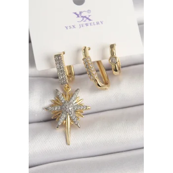 Pirinç Gold Renk Sallantı Zirkon Taşlı Kutup Yıldız Model 3Lü Kadın Kombin Küpe