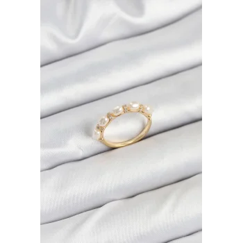 Pirinç Gold Renk Sıralı İncili Kadın Yüzük