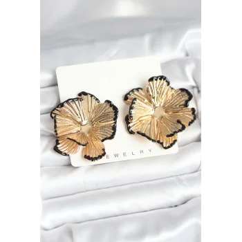 Pirinç Gold Renk Siyah Mine Detaylı Lotus Kadın Küpe