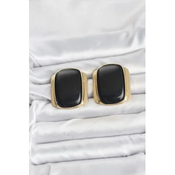 Pirinç Gold Renk Siyah Plaka Vintage Kadın Küpe