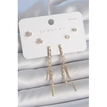 Pirinç Gold Renk Su Yolu Zirkon Taşlı Sallantı Model Çiçek Detay 925 Ayar Gümüş Çivi Kadın Küpe Seti