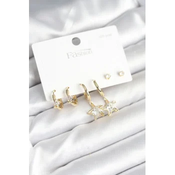 Pirinç Gold Renk Yıldız Model 925 Gümüş Çivili Kadın Küpe Seti