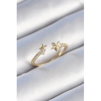 Pirinç Gold Renk Zirkon Taş Detay Yıldız Model Kadın Yüzük