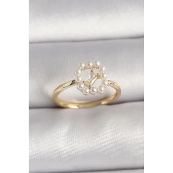 Pirinç Gold Renk Zirkon Taş Detaylı İncili Ayarlanabilir Yüzük