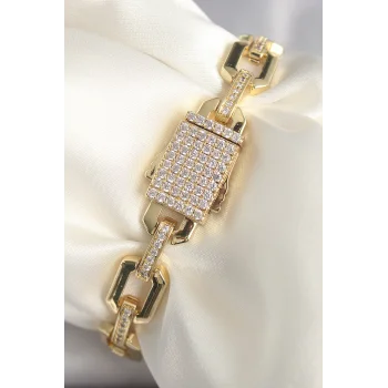 Pirinç Gold Renk Zirkon Taş Detaylı Kare Zincir Model Xuping VIP Exculusive Seri Kadın Bileklik