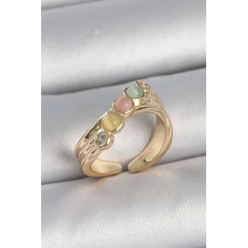 Pirinç Gold Renk Zirkon Taş Detaylı Karışık Mineli Ayarlanabilir Kadın Yüzük
