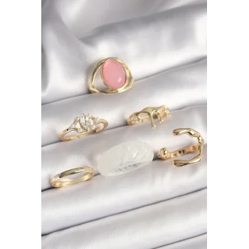 Pirinç Gold Renk Zirkon Taş Detaylı Pembe Mineli 6Lı Kadın Yüzük Seti