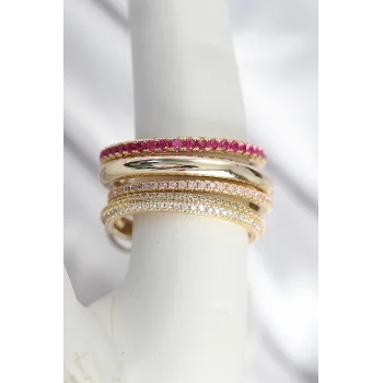 Pirinç Gold Renk Zirkon Taşlı 3Lü Kadın Yüzük