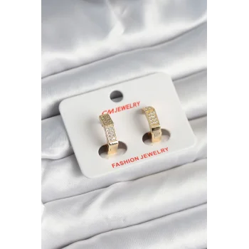 Pirinç Gold Renk Zirkon Taşlı Altıgen Kadın Küpe