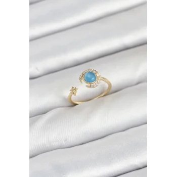 Pirinç Gold Renk Zirkon Taşlı Ay Yıldız Kadın Yüzük
