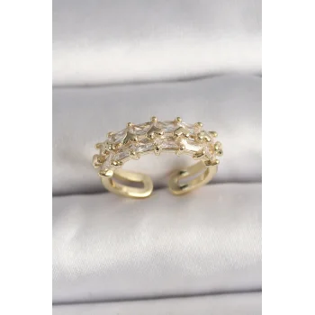 Pirinç Gold Renk Zirkon Taşlı Ayarlanabilir Yüzük