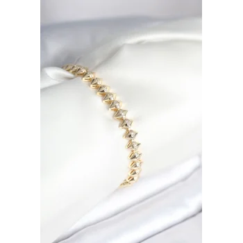 Pirinç Gold Renk Zirkon Taşlı Baklava Model Kadın Bileklik