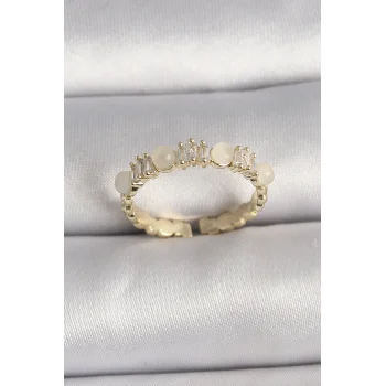 Pirinç Gold Renk Zirkon Taşlı Beyaz Mineli Ayarlanabilir Yüzük