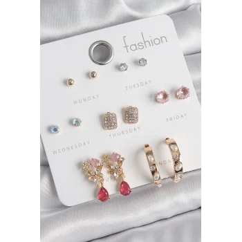 Pirinç Gold Renk Zirkon Taşlı Çiçek Figür İncili Halka Figür 7 Çift Kadın Küpe Seti