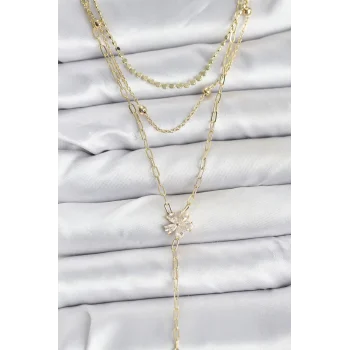 Pirinç Gold Renk Zirkon Taşlı Çiçek Model Detaylı 3lü Kombin Y Kadın Kolye