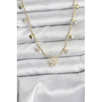 Pirinç Gold Renk Zirkon Taşlı Çiçek Model Kadın Kolye