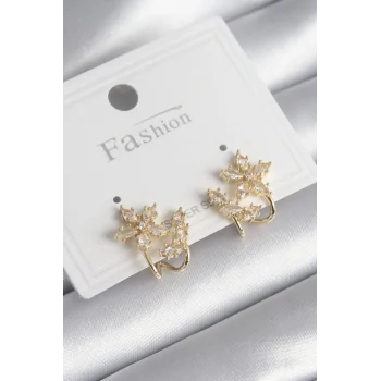 Pirinç Gold Renk Zirkon Taşlı Çiçek Model Kadın Küpe
