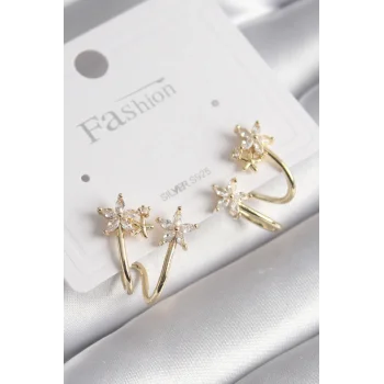 Pirinç Gold Renk Zirkon Taşlı Çiçek Model Kadın Küpe