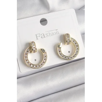 Pirinç Gold Renk Zirkon Taşlı Çivi Halka Model Kadın Küpe