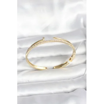 Pirinç Gold Renk Zirkon Taşlı Çivi Model Kadın Kelepçe Bileklik