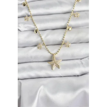 Pirinç Gold Renk Zirkon Taşlı Deniz Yıldızı Model Kadın Kolye
