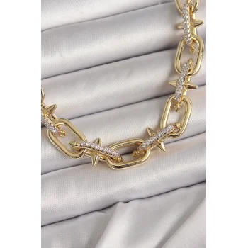Pirinç Gold Renk Zirkon Taşlı Dikenli Halka Model VIP Exculusive Seri Kadın Kolye