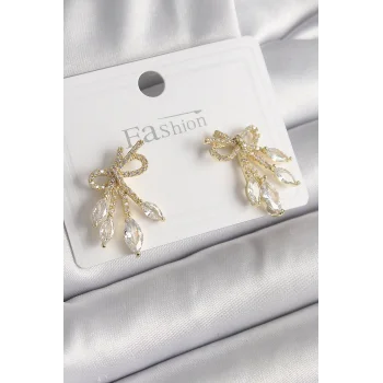 Pirinç Gold Renk Zirkon Taşlı Düğüm Model Damla Zirkon Taşlı Kadın Küpe