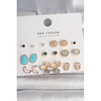 Pirinç Gold Renk Zirkon Taşlı Fiyonk Hilal Figür 9 Çift Kadın Küpe Seti