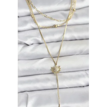 Pirinç Gold Renk Zirkon Taşlı Güneş Model Detaylı 3lü Kombin Y Kadın Kolye