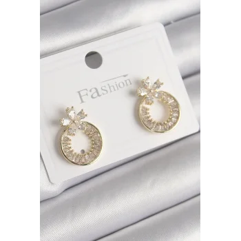 Pirinç Gold Renk Zirkon Taşlı Halka Model Çiçek Figür Kadın Küpe