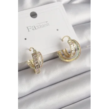 Pirinç Gold Renk Zirkon Taşlı Halka Model Kadın Küpe