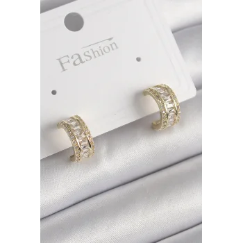 Pirinç Gold Renk Zirkon Taşlı Halka Model Kadın Küpe