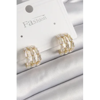 Pirinç Gold Renk Zirkon Taşlı Halka Model Kadın Küpe