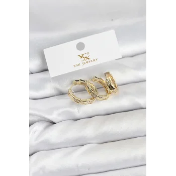 Pirinç Gold Renk Zirkon Taşlı Halka Yılan Model YSX Trio Küpe Seti