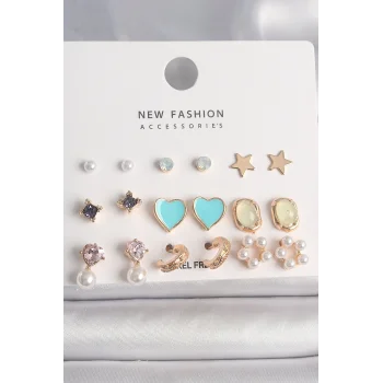 Pirinç Gold Renk Zirkon Taşlı İncili Çiçek Mavi Kalp Figür 9 Çift Kadın Küpe Seti