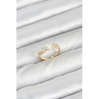 Pirinç Gold Renk Zirkon Taşlı İncili Model Kadın Yüzük